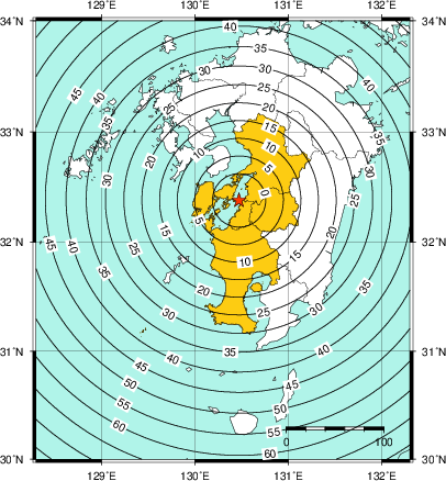緊急地震速報（警報）第1報を発表した地域及び主要動到達までの時間