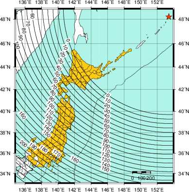 緊急地震速報（警報）第1報を発表した地域及び主要動到達までの時間