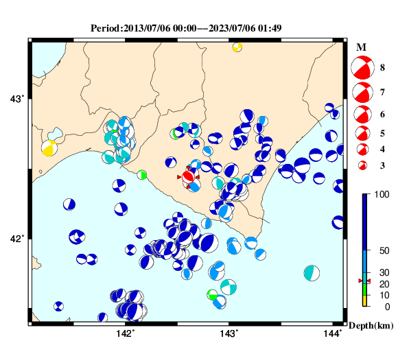 過去に起きた地震の初動発震機構解