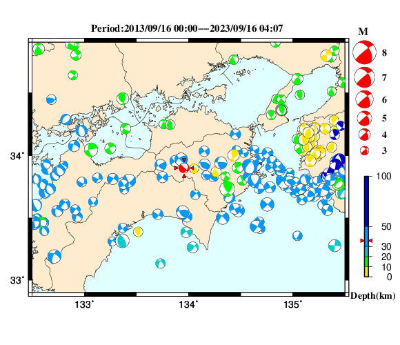 過去に起きた地震の初動発震機構解