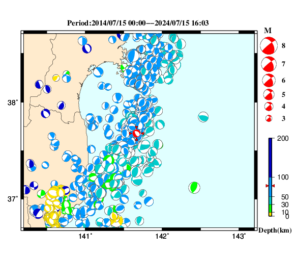 過去に起きた地震の初動発震機構解