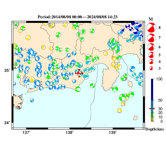 過去に起きた地震の初動発震機構解