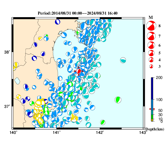 過去に起きた地震の初動発震機構解