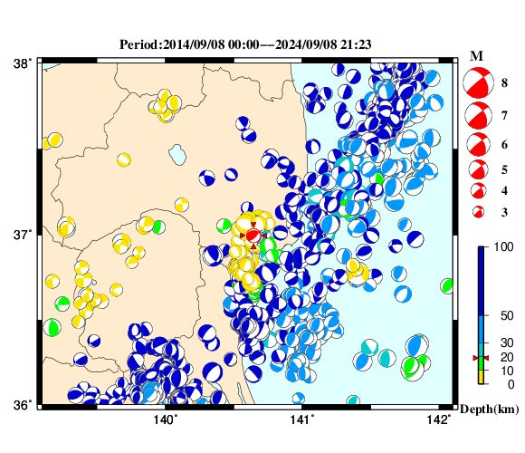 過去に起きた地震の初動発震機構解