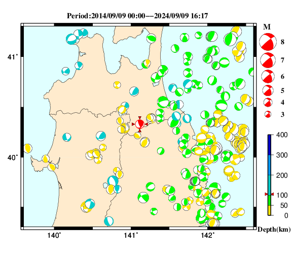 過去に起きた地震の初動発震機構解