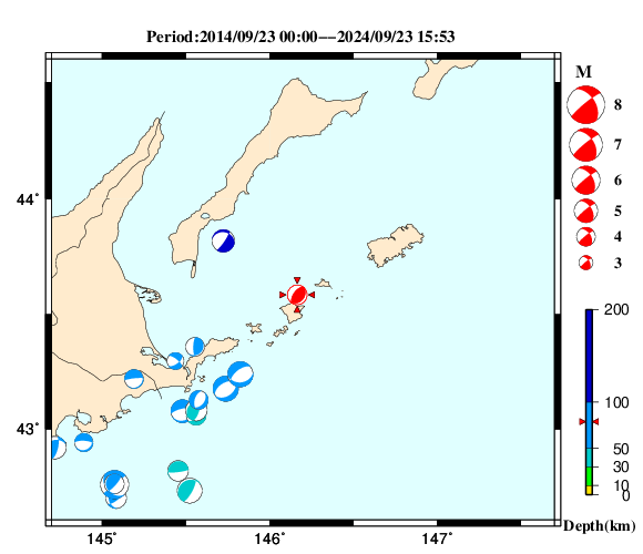 過去に起きた地震の初動発震機構解