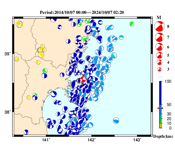 過去に起きた地震の初動発震機構解