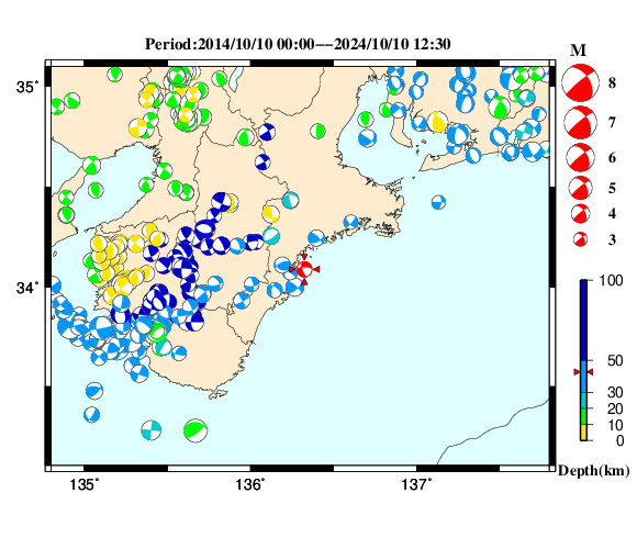 過去に起きた地震の初動発震機構解