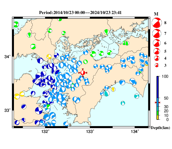 過去に起きた地震の初動発震機構解