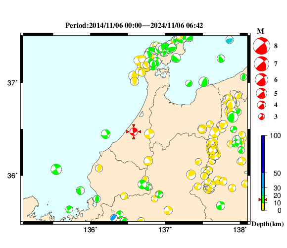 過去に起きた地震の初動発震機構解