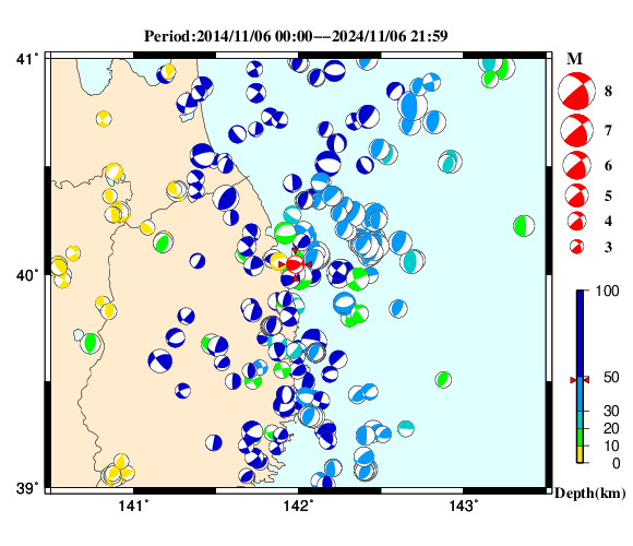 過去に起きた地震の初動発震機構解