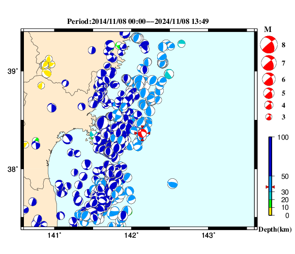 過去に起きた地震の初動発震機構解