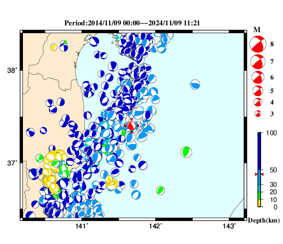 過去に起きた地震の初動発震機構解