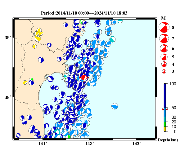 過去に起きた地震の初動発震機構解