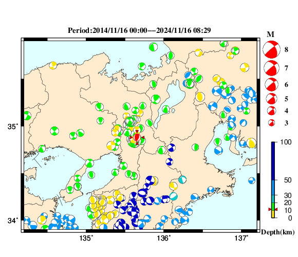 過去に起きた地震の初動発震機構解