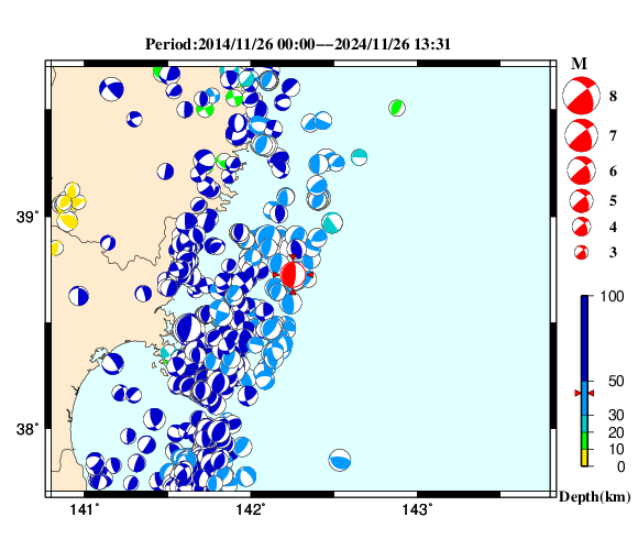 過去に起きた地震の初動発震機構解