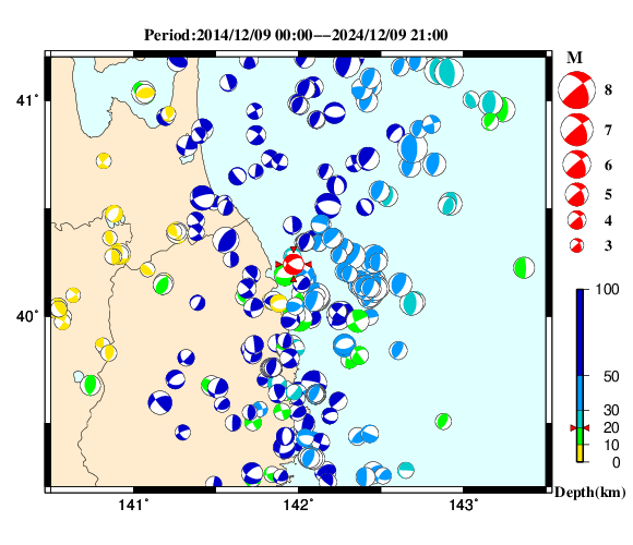 過去に起きた地震の初動発震機構解