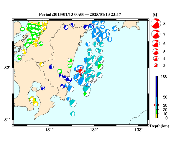 過去に起きた地震の初動発震機構解