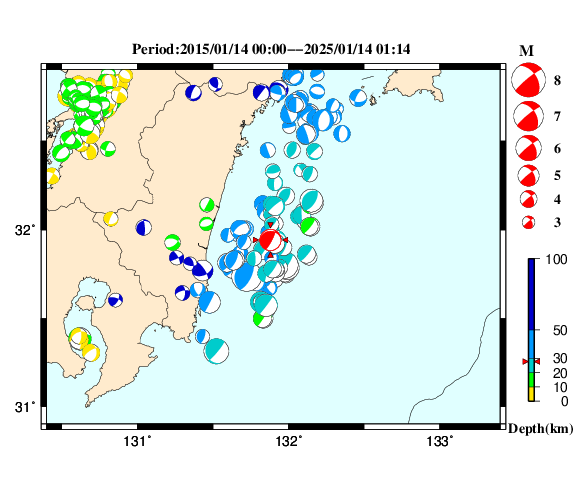 過去に起きた地震の初動発震機構解