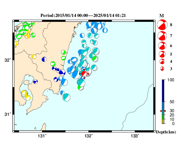 過去に起きた地震の初動発震機構解