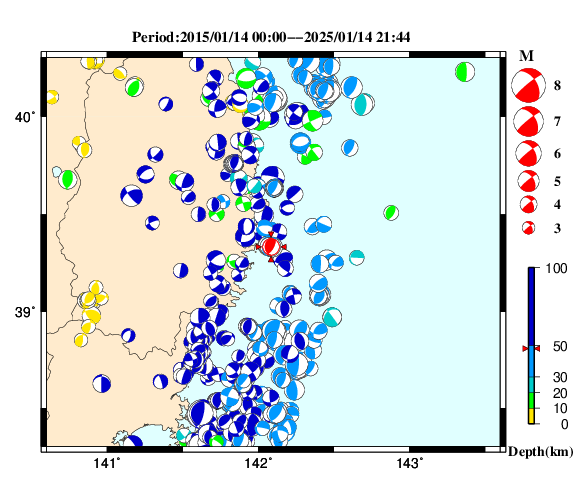 過去に起きた地震の初動発震機構解