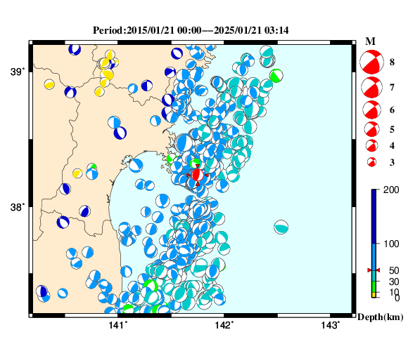 過去に起きた地震の初動発震機構解