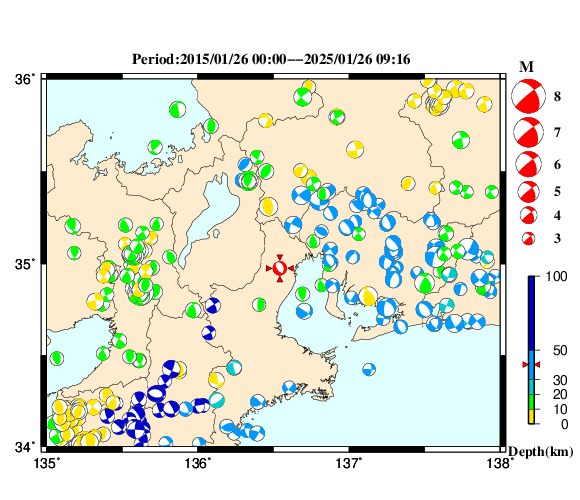 過去に起きた地震の初動発震機構解