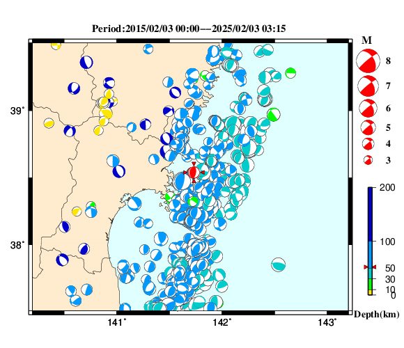 過去に起きた地震の初動発震機構解