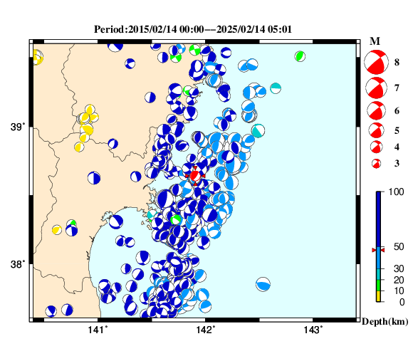 過去に起きた地震の初動発震機構解