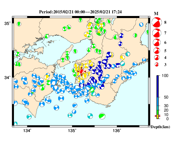 過去に起きた地震の初動発震機構解