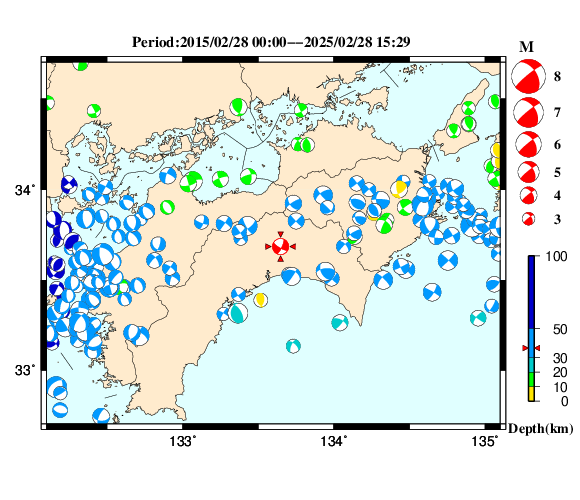 過去に起きた地震の初動発震機構解