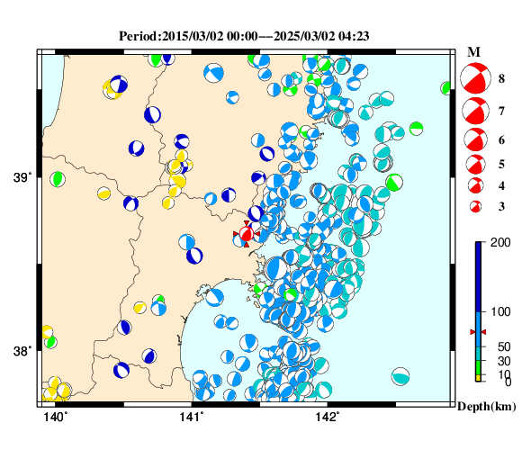 過去に起きた地震の初動発震機構解