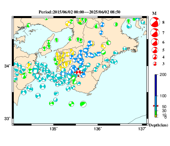 過去に起きた地震の初動発震機構解