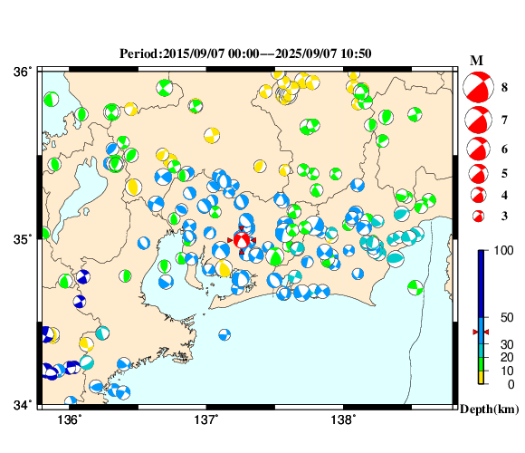 過去に起きた地震の初動発震機構解