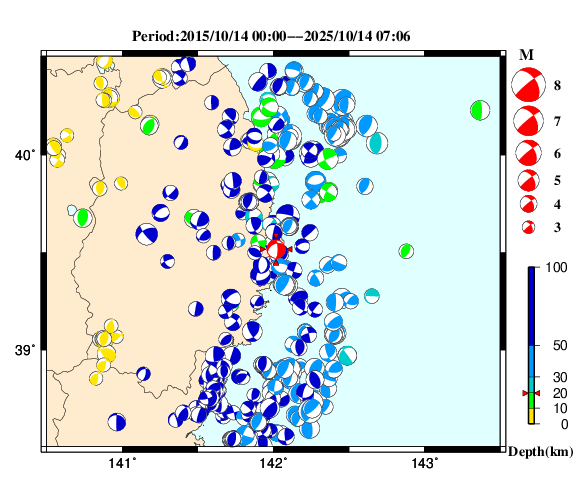 過去に起きた地震の初動発震機構解