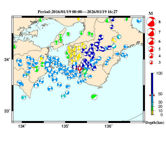 過去に起きた地震の初動発震機構解