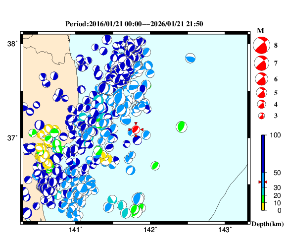 過去に起きた地震の初動発震機構解