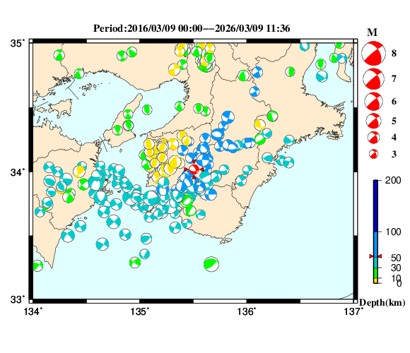 過去に起きた地震の初動発震機構解