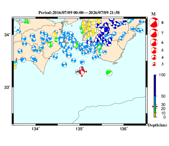 過去に起きた地震の初動発震機構解