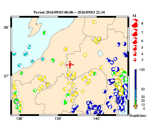 過去に起きた地震の初動発震機構解