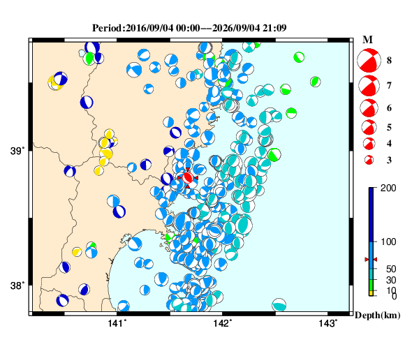 過去に起きた地震の初動発震機構解