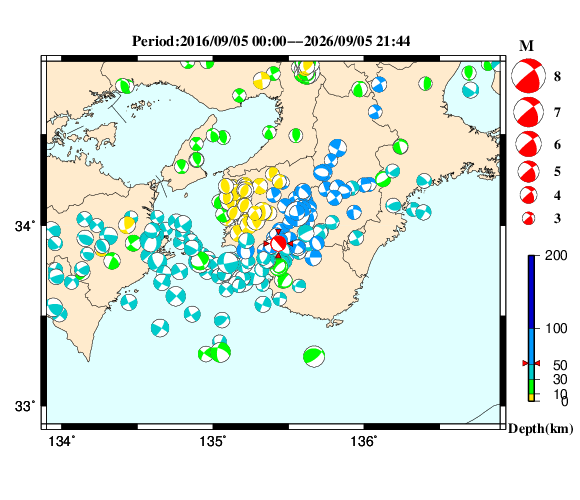 過去に起きた地震の初動発震機構解