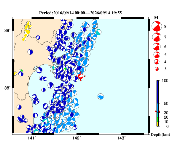 過去に起きた地震の初動発震機構解