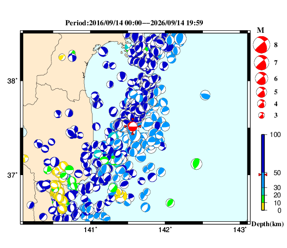 過去に起きた地震の初動発震機構解
