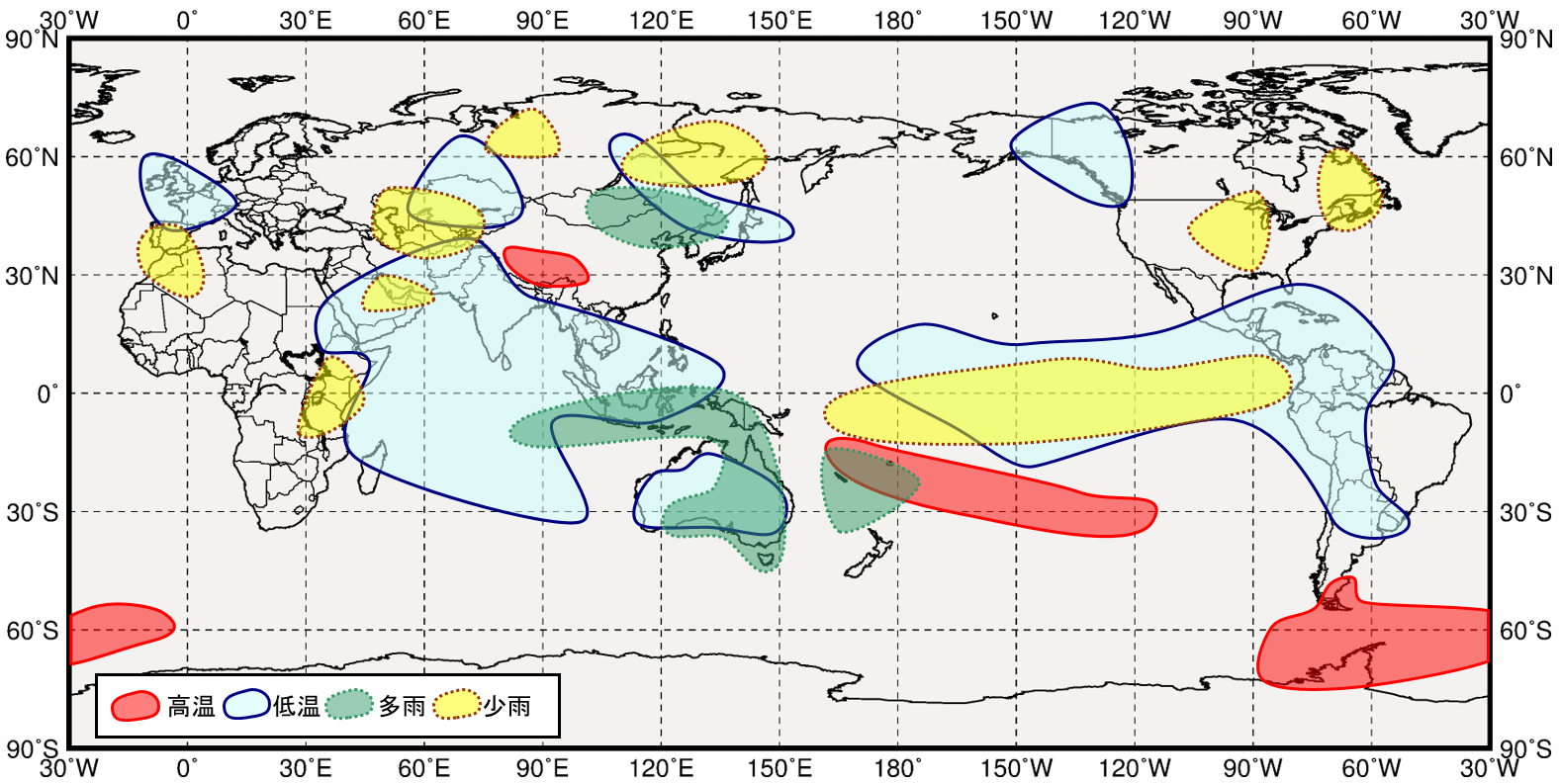 インド洋熱帯域が低温時の世界の９月から１１月にかけての気温と降水量の傾向の分布図