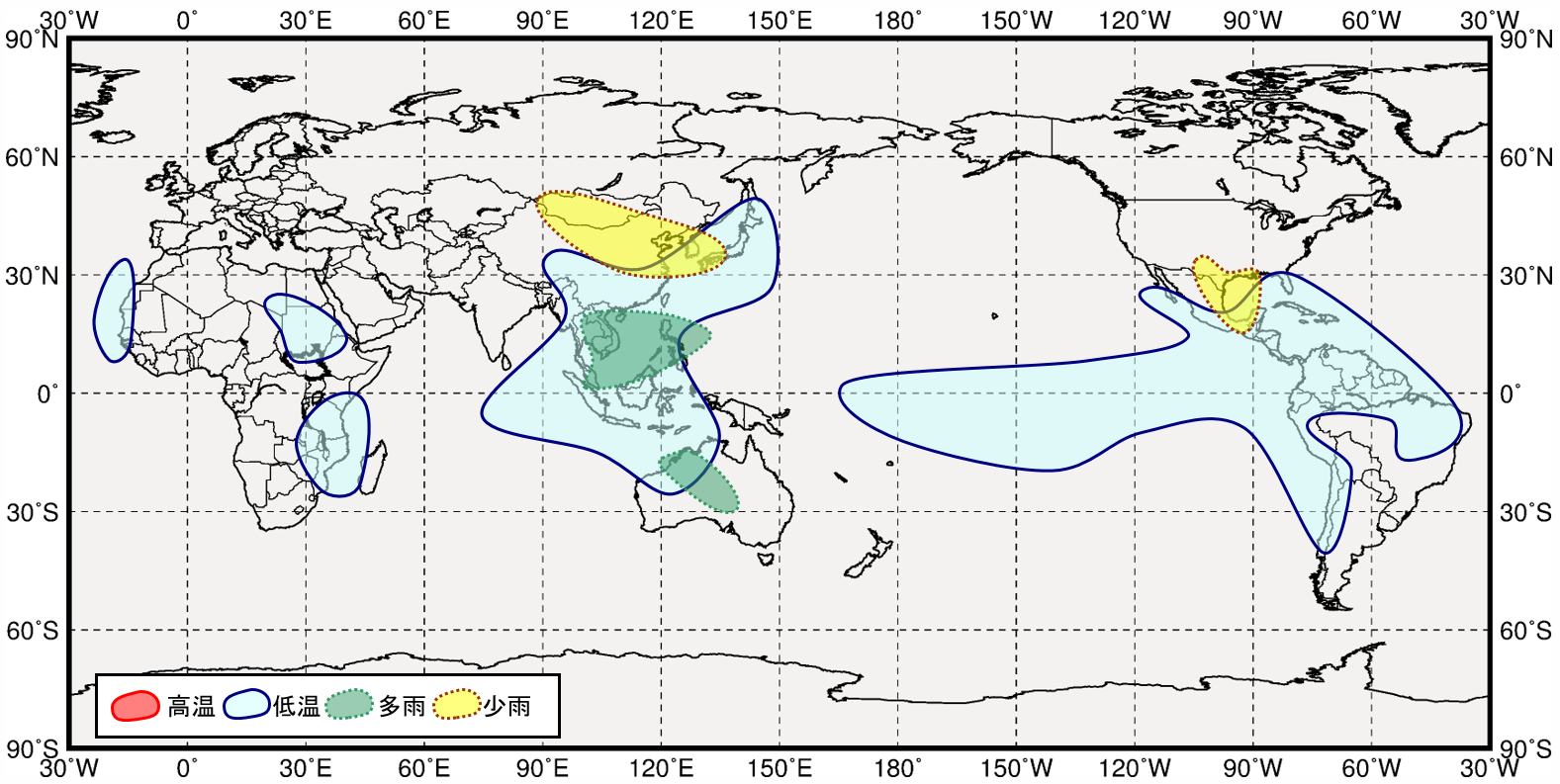 西太平洋熱帯域が高温時の世界の３月から５月にかけての気温と降水量の傾向の分布図