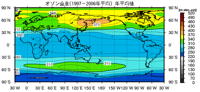 世界の年平均オゾン全量の累年平均値（1997-2006年平均）