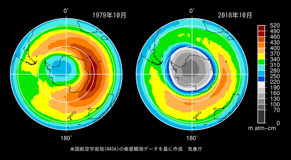 1979年と2018年10月の南極オゾンホールの画像