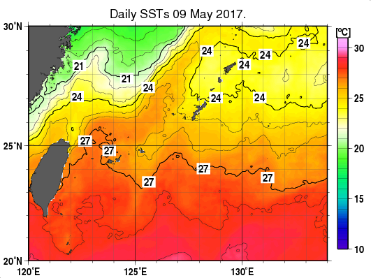 沖縄周辺海域の海面水温分布図（5月9日）