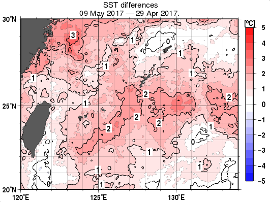 沖縄周辺海域の10日間の海面水温変化量分布図（5月9日）